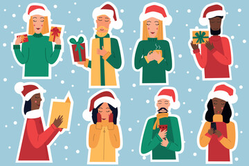 Set of cartoon characters in Santa hat receiving and giving gifts and preparing to celebrate Christmas holidays. Vector colored illustration in flat style