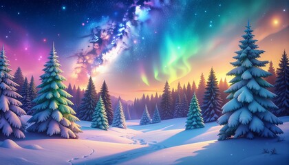 Enchanting winter wonderland with snow-covered pines under the aurora borealis, perfect for dreamy holiday promotions and magical seasonal campaigns