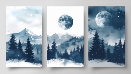 Stunning moonlit mountain forest landscapes for serene wall art or magical winter designs, perfect for adding a calm and elegant touch to any project