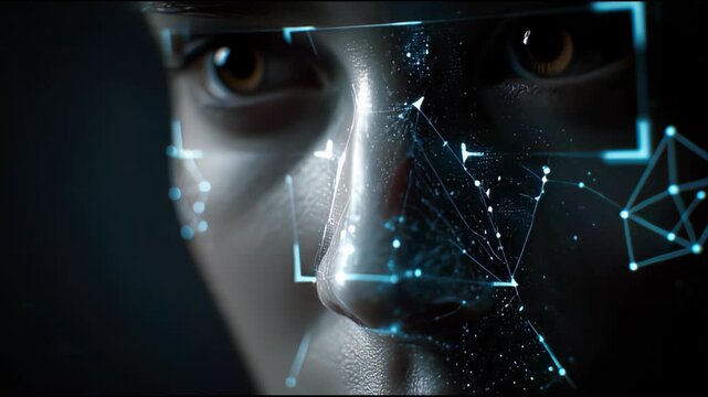 Close up of a human face with futuristic blue digital network overlay representing artificial intelligence and data analysis - Powered by Adobe