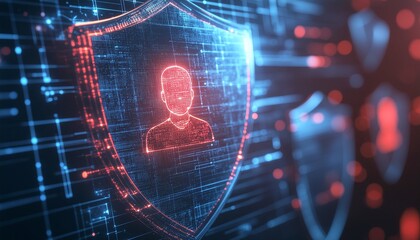 Cyber Security Shield: A digital shield illuminated with a human outline symbolizes protection and privacy within a network environment.
