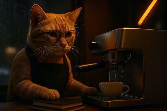 Focused cat barista tamping grounds beside a shiny machine