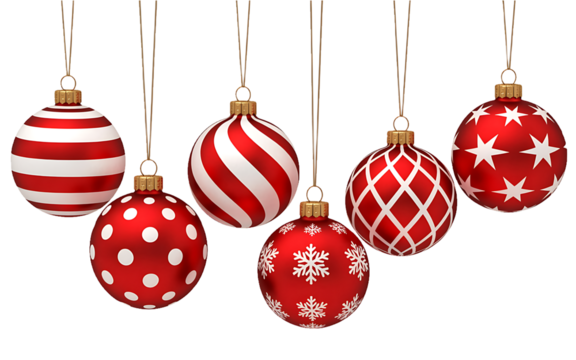 Six red and white patterned Christmas ornaments hanging - Powered by Adobe