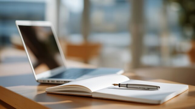 A bright modern workspace featuring an open white notebook, fountain pen, and laptop keyboard, bathed in soft natural light — concept of content creation, professional planning, digital