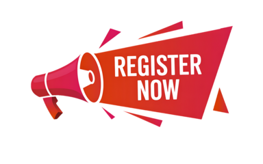 Red megaphone with white text register now announcement