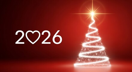 Festive 2026 new year greeting with a glowing christmas tree and heart symbol on a rich red background perfect for holiday celebrations and seasonal promotions