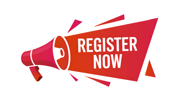 Red megaphone with white text register now announcement