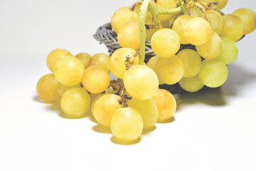 Close up of a bunch of grapes in a grey basket on a white background.