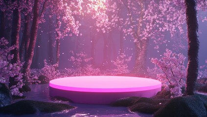 Glowing Pink Podium in Magical Cherry Blossom Forest with Falling Petals and Water for Product Display