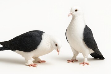 Fototapeta premium Two Lahore pigeons in courtship bow display on white background chest puffed and head lowered for bird mating romance and behavior themes