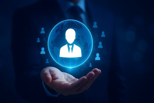 Global user profile network with people icons around shining globe - Powered by Adobe