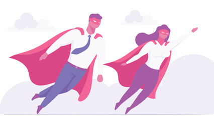 Dynamic duo of masked superheroes soaring through a soft colorful sky conveying adventure and heroism in a vibrant stylized illustration