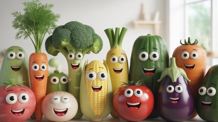 Happy cartoon vegetables with smiling faces for healthy eating