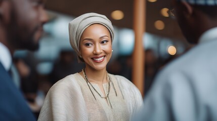 An ambassador attending a cultural exchange reception, warmly greeting guests wearing traditional attire from different nations, fostering trust and understanding through thoughtful conversation —