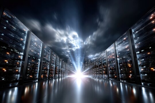 Data center illuminated by bright light during nighttime with advanced server racks
