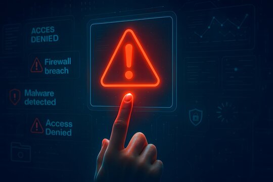 Hand pressing digital warning triangle for access denied and malware