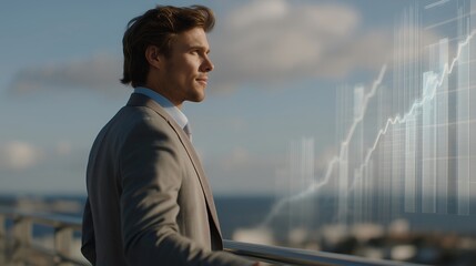 Close-up of businessperson pausing on bridge, holographic charts of industry growth hovering around — symbolizing strategic career planning, global mobility visualization, and futuristic
