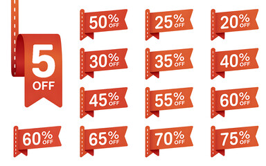 Red discount tags with percentages 20 25 30 35 40 45 50 55 60 65 70 75