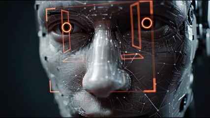 Close up of a futuristic robotic face with glowing orange facial recognition squares highlighting the eyes and intricate circuitry details