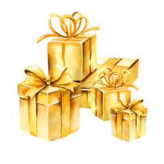 watercolor illustration of shiny golden gifts, glitter boxes, gold-colored gift boxes with elegant shiny gold bows and tassels, yellow color composition of Christmas decoration on white background