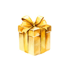 watercolor shiny golden gifts, glitter boxes, illustration of gold-colored gift boxes with elegant shiny gold bows and tassels, yellow color composition of Christmas decoration white background