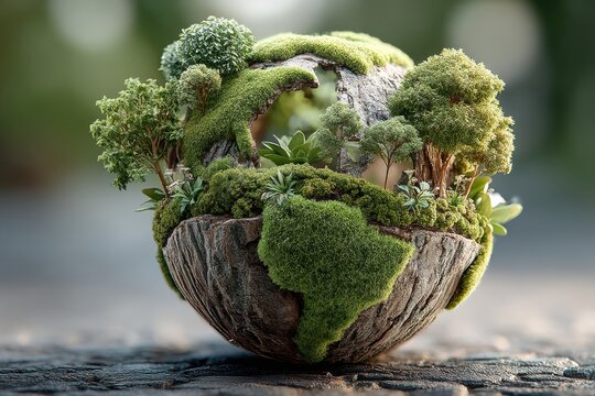 Miniature forest in a stone globe planter symbolizing environmental sustainability and green growth