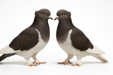 Obraz premium Two Lahore pigeons mirrored stance facing each other beaks close on white background for bird romance symmetry and pairing themes