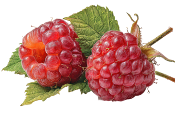 Close-up view of two ripe, ruby-red raspberries and green leaves