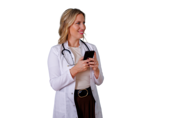 Female doctor using smartphone for telehealth and healthcare communication, smiling, looking away with copy space