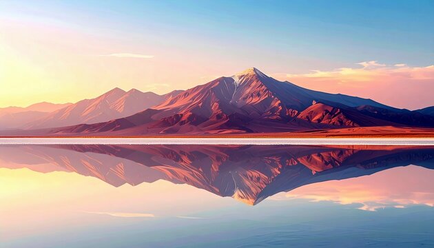 A serene landscape featuring a snow-capped mountain range mirrored perfectly in a still body of water during a colorful sunrise. - Powered by Adobe