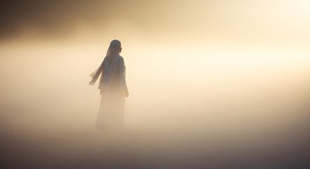 A solitary figure standing in a foggy landscape during sunrise, creating a serene and mysterious atmosphere with soft, diffused light and gentle mist