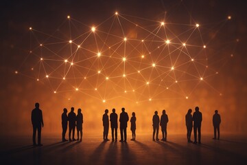 Silhouettes of people standing beneath a glowing network of connected nodes symbolizing communication, teamwork, and digital connection in a modern conceptual background.