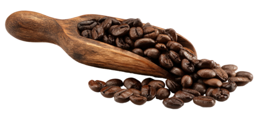 Wooden scoop overflowing with roasted coffee beans on transparent background