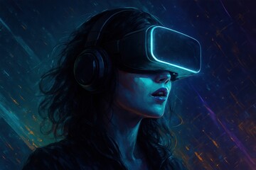 woman wearing a sleek VR headset and headphones, illuminated by neon blue and purple light. The image captures the immersive and intense experience of virtual reality
