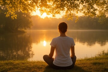 A serene early morning scene showing a woman sitting cross-legged by a calm lake, bathed in golden sunlight, surrounded by peaceful nature and gentle reflections on the water.