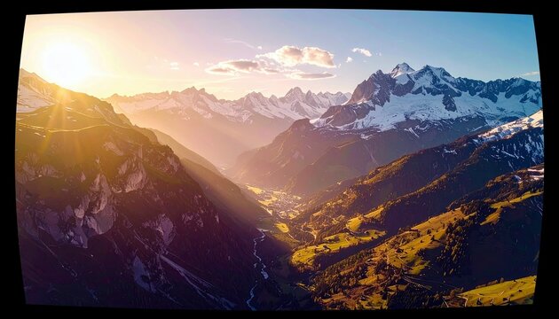 A breathtaking aerial view of a vast mountain range at sunrise, showcasing snow-capped peaks, lush green valleys, and a winding river.