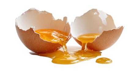 Cracked egg with dripping yolk showing a broken shell on transparent background
