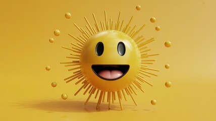 Happy yellow sun emoji with radiating rays and floating spheres