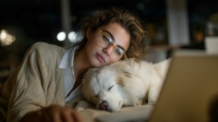 A remote worker finishing tasks in a cozy home office at night, soft ambient lighting, dog sleeping nearby, and notifications glowing on the laptop screen — authentic hybrid-work lifestyle showing