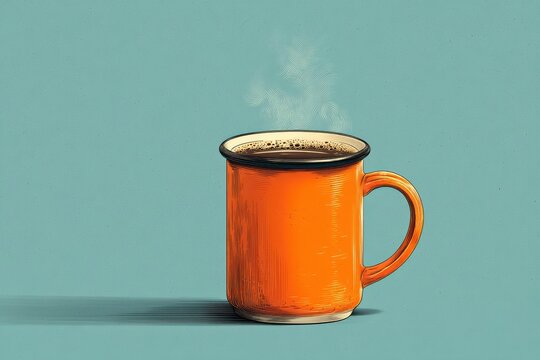 Orange coffee mug with steam on teal backdrop in a simple vector illustration - Powered by Adobe