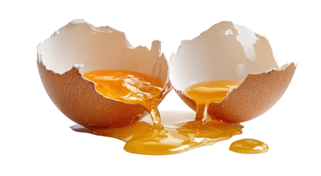 Cracked egg with dripping yolk showing a broken shell on transparent background - Powered by Adobe