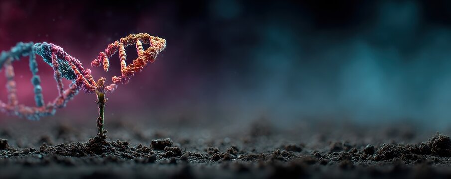 Tiny sprout emerging from soil with digital DNA strands in a biotech inspired scene today