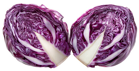 Vibrant red cabbage halved, revealing intricate layers of purple and white