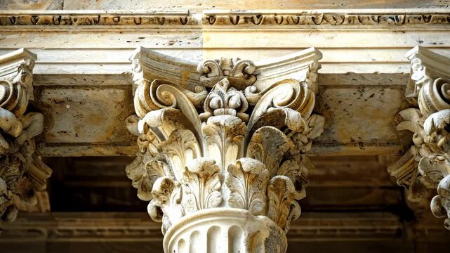 Close-up view of an ornate classical Corinthian column capital made of weathered stone, showcasing intricate carvings and architectural details.