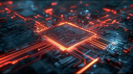 Futuristic glowing orange circuit board with intricate pathways and a central processor representing advanced technology and digital data flow in a dark abstract environment - Powered by Adobe