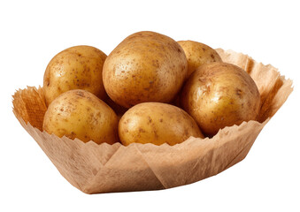 Fresh brown potatoes in a paper bag on transparent background