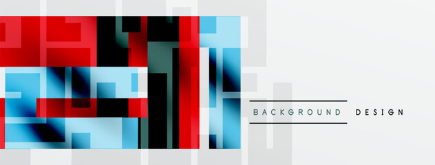 Abstract geometric pattern. Rectangles overlap, creating vibrant color blocks. Modern design with blue, red, black hues. Minimalist aesthetic.