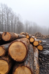 A close-up view of cut wood logs in a foggy forest, showcasing rich brown tones and natural textures, creating a serene atmosphere
