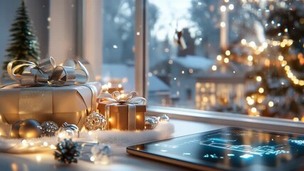 Modern Christmas scene with IoT smart gifts in futuristic wrapping,glowing digital tags,color-changing festive lights,placed under gentle snowfall near window,symbolizing high-tech holiday celebration - Powered by Adobe