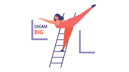 Creative woman on a ladder meticulously hanging posters ideal for advertising campaigns promotions and artistic displays showcasing dedication and visual storytelling